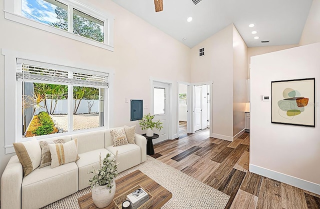 living room featuring a wealth of natural light, a high ceiling, baseboards, and dark wood-type flooring