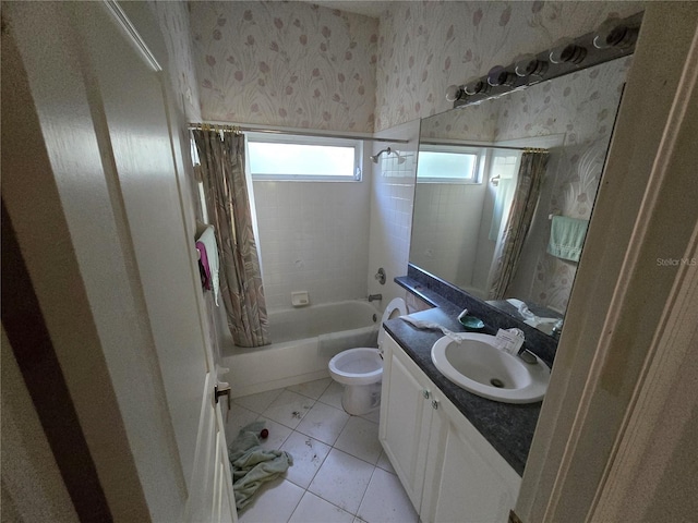 full bathroom featuring tile patterned floors, vanity, toilet, and shower / tub combo