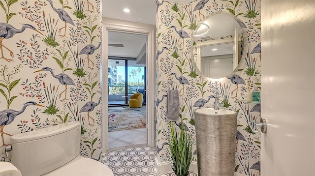 bathroom featuring expansive windows and toilet