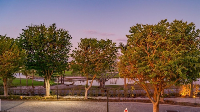 view of front of property featuring a water view