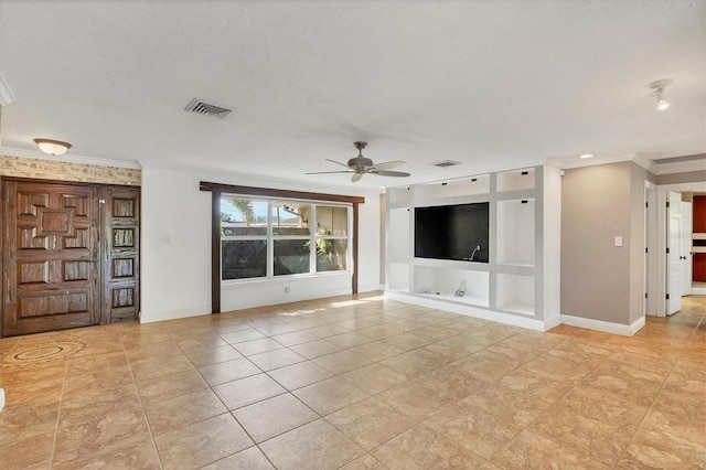 unfurnished living room with crown molding, light tile patterned flooring, and ceiling fan