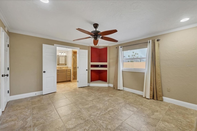 unfurnished bedroom with ceiling fan, ensuite bath, ornamental molding, and a textured ceiling