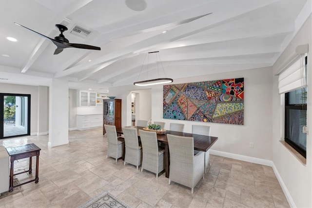 dining room featuring lofted ceiling with beams and ceiling fan