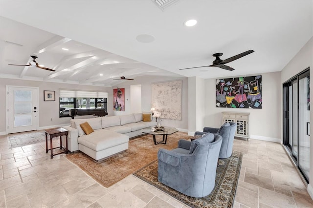 living room with beam ceiling