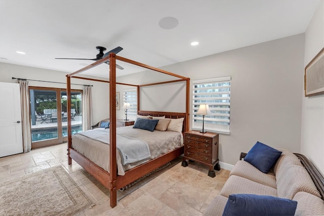 bedroom with access to exterior and ceiling fan