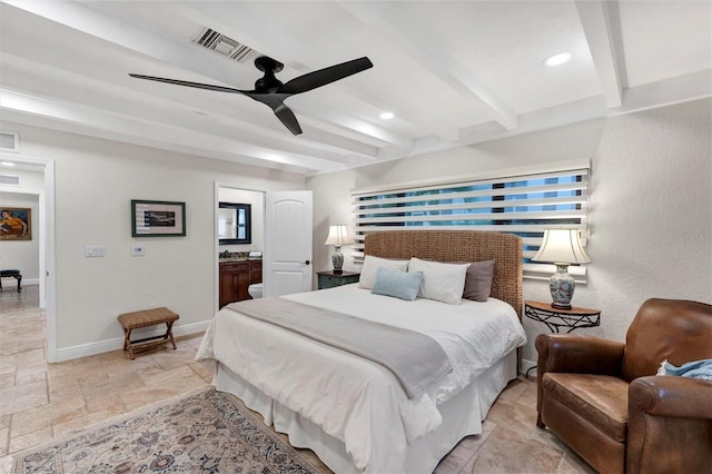 bedroom with beam ceiling, connected bathroom, and ceiling fan