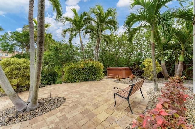 view of patio featuring a hot tub