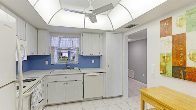 kitchen with white cabinets, white appliances, backsplash, and sink