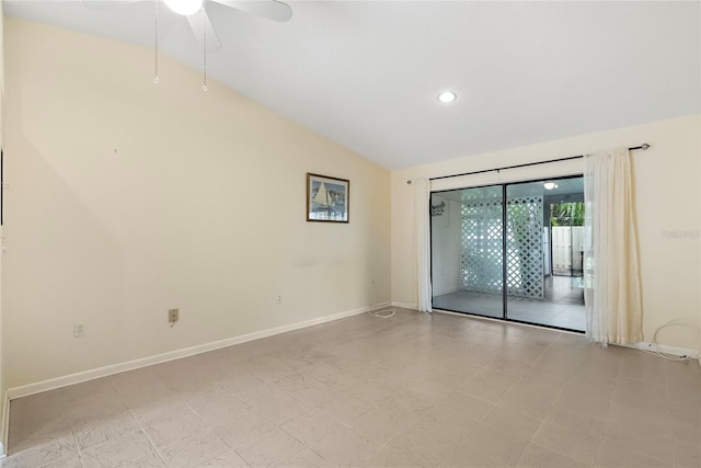 spare room with ceiling fan and lofted ceiling