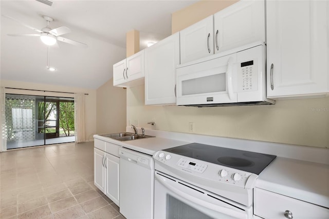 kitchen with white cabinets, ceiling fan, white appliances, and sink