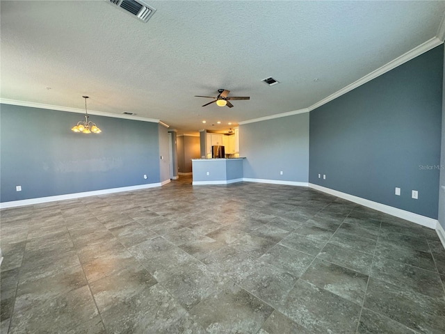 unfurnished living room with a textured ceiling, ceiling fan with notable chandelier, and ornamental molding