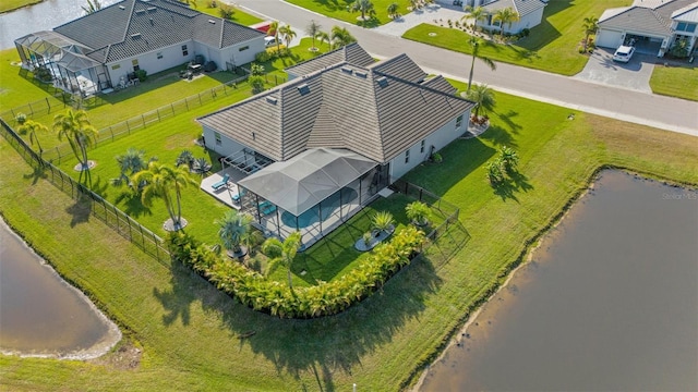 drone / aerial view with a water view