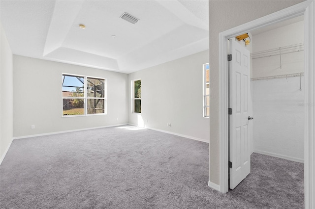 interior space featuring carpet flooring, a tray ceiling, and a closet