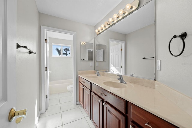 full bathroom featuring toilet, vanity, shower / bath combination, and tile patterned floors