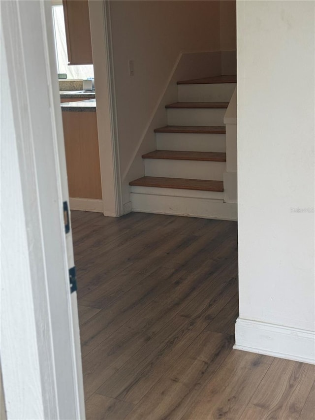 staircase with hardwood / wood-style floors