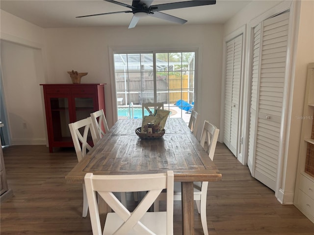 dining area featuring ceiling fan and dark hardwood / wood-style floors