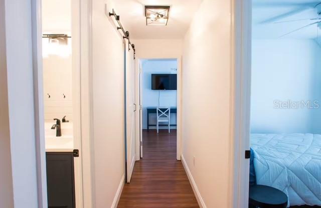 hallway featuring dark hardwood / wood-style floors, a barn door, and sink