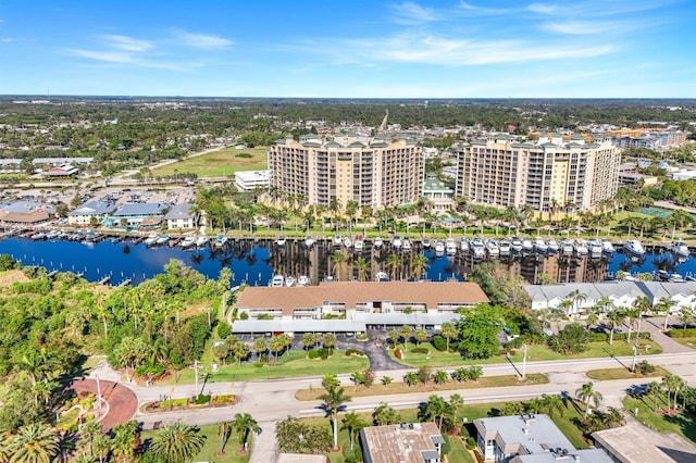 bird's eye view with a water view