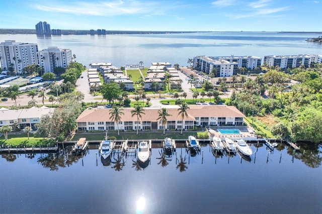 drone / aerial view featuring a water view