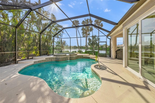 view of swimming pool with glass enclosure, an in ground hot tub, and a patio