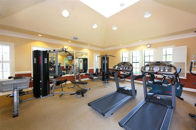 workout area featuring vaulted ceiling and ornamental molding