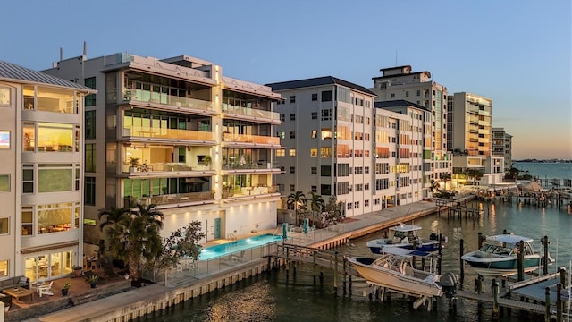 outdoor building at dusk with a water view