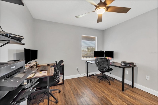 office space with ceiling fan and hardwood / wood-style floors