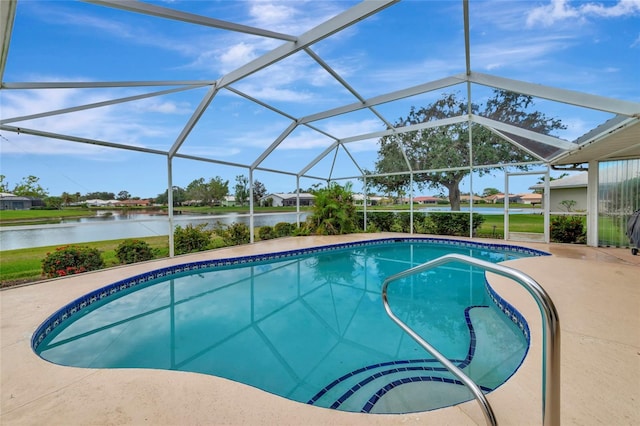 view of pool with a water view and a lanai