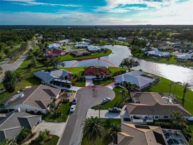 aerial view featuring a water view