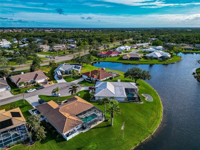 drone / aerial view featuring a water view