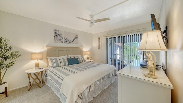 carpeted bedroom with access to exterior and ceiling fan