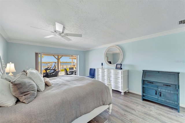 bedroom with ceiling fan, ornamental molding, access to outside, and light hardwood / wood-style flooring