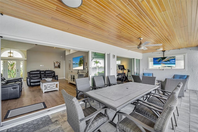 dining area with a healthy amount of sunlight, ceiling fan, and wooden ceiling