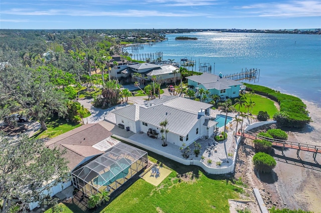 drone / aerial view featuring a water view