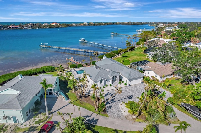 drone / aerial view featuring a water view