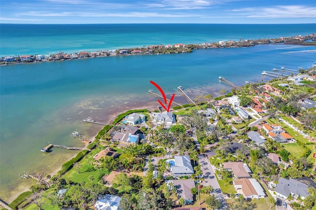 drone / aerial view featuring a water view