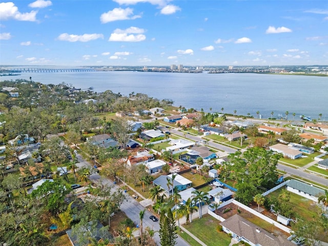 drone / aerial view featuring a water view