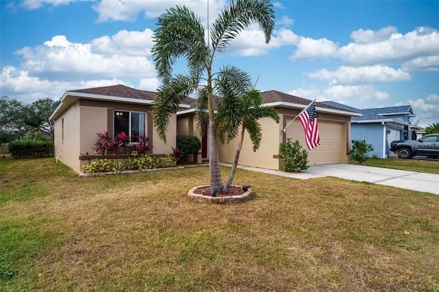 ranch-style house with a front lawn and a garage