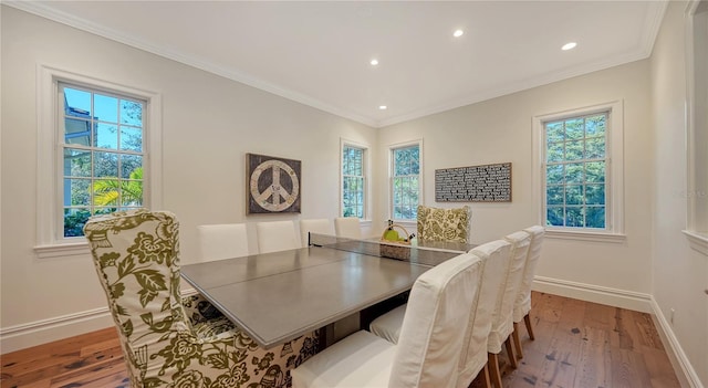 dining room with crown molding and hardwood / wood-style floors