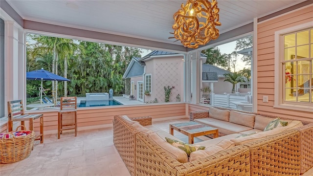 sunroom featuring wooden ceiling and a chandelier