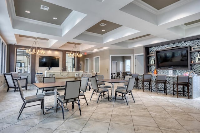 dining space featuring a notable chandelier, beam ceiling, crown molding, and coffered ceiling