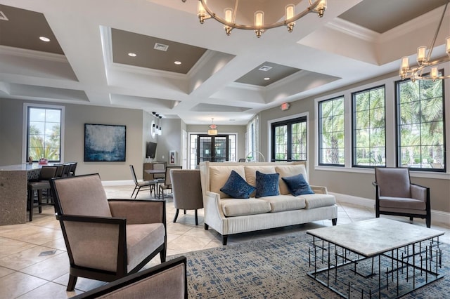 tiled living room with beamed ceiling, ornamental molding, a notable chandelier, and coffered ceiling