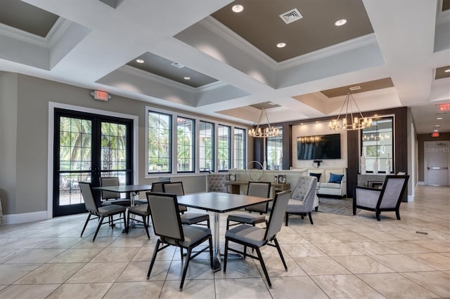 dining space featuring french doors, coffered ceiling, beamed ceiling, a notable chandelier, and ornamental molding