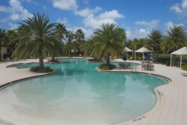 view of swimming pool featuring a gazebo and a patio area