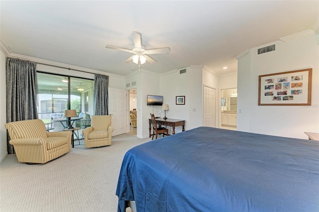 carpeted bedroom featuring access to outside, ensuite bath, ceiling fan, and crown molding