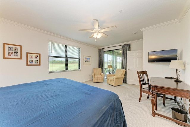 carpeted bedroom with ceiling fan, access to exterior, ornamental molding, and multiple windows