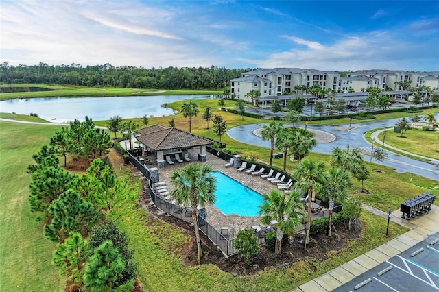 drone / aerial view with a water view