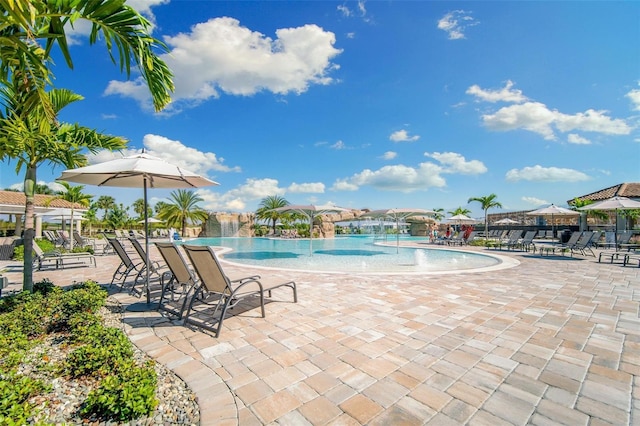 view of pool featuring a patio and pool water feature