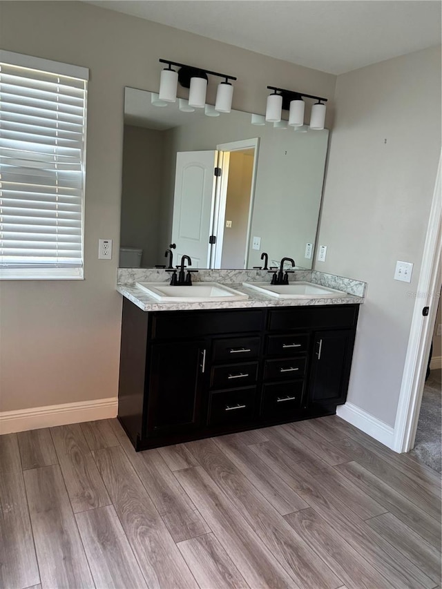 bathroom with hardwood / wood-style flooring, vanity, and plenty of natural light