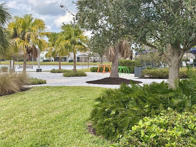 view of yard with a water view